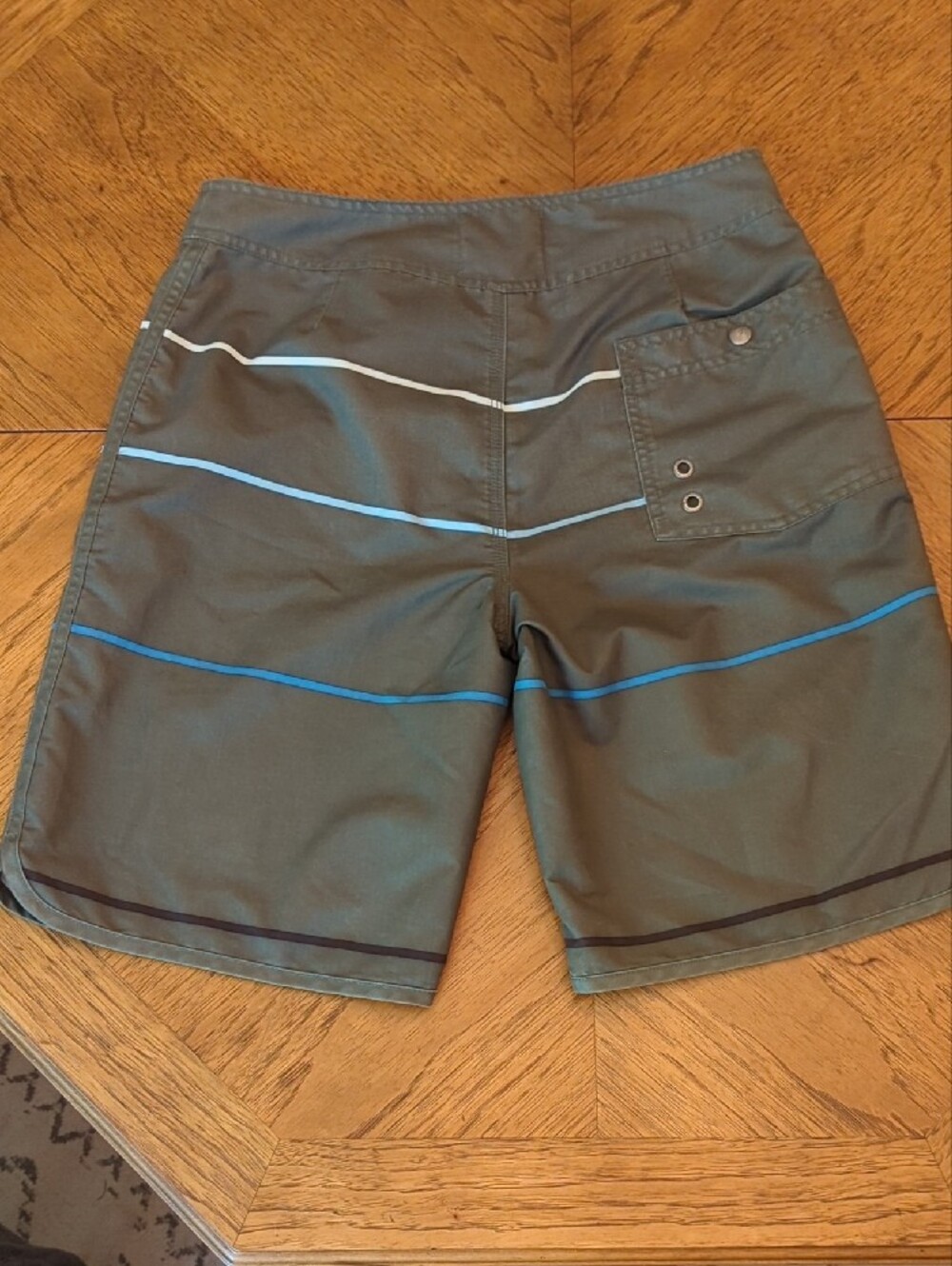 Old Navy Olive Green Board Shorts with Blue & White Stripes Swimsuit Swim Trunks - Picture 6 of 7